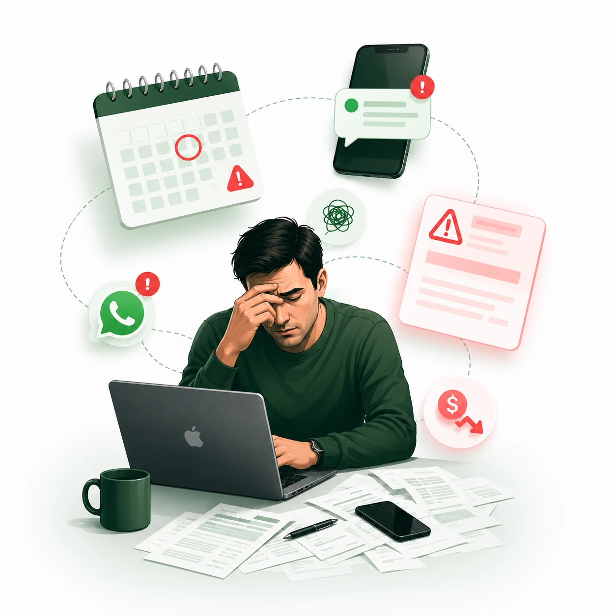 Proprietário sobrecarregado com planilhas, cobranças e mensagens de WhatsApp sem um sistema centralizado