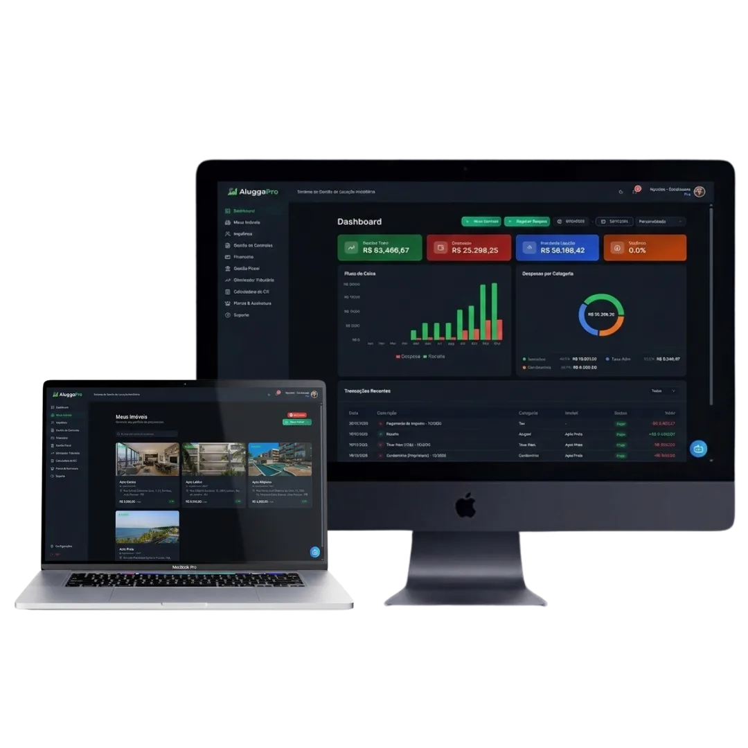 Dashboard financeiro do AluggaPro com fluxo de caixa, despesas por categoria e transações recentes